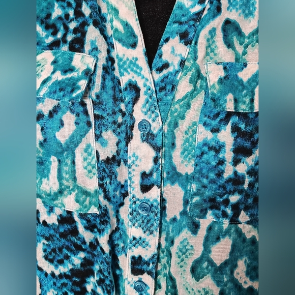 Calvin Klein 100% Linen Teal and Aqua Snake Print Blouse - Picture 6 of 12